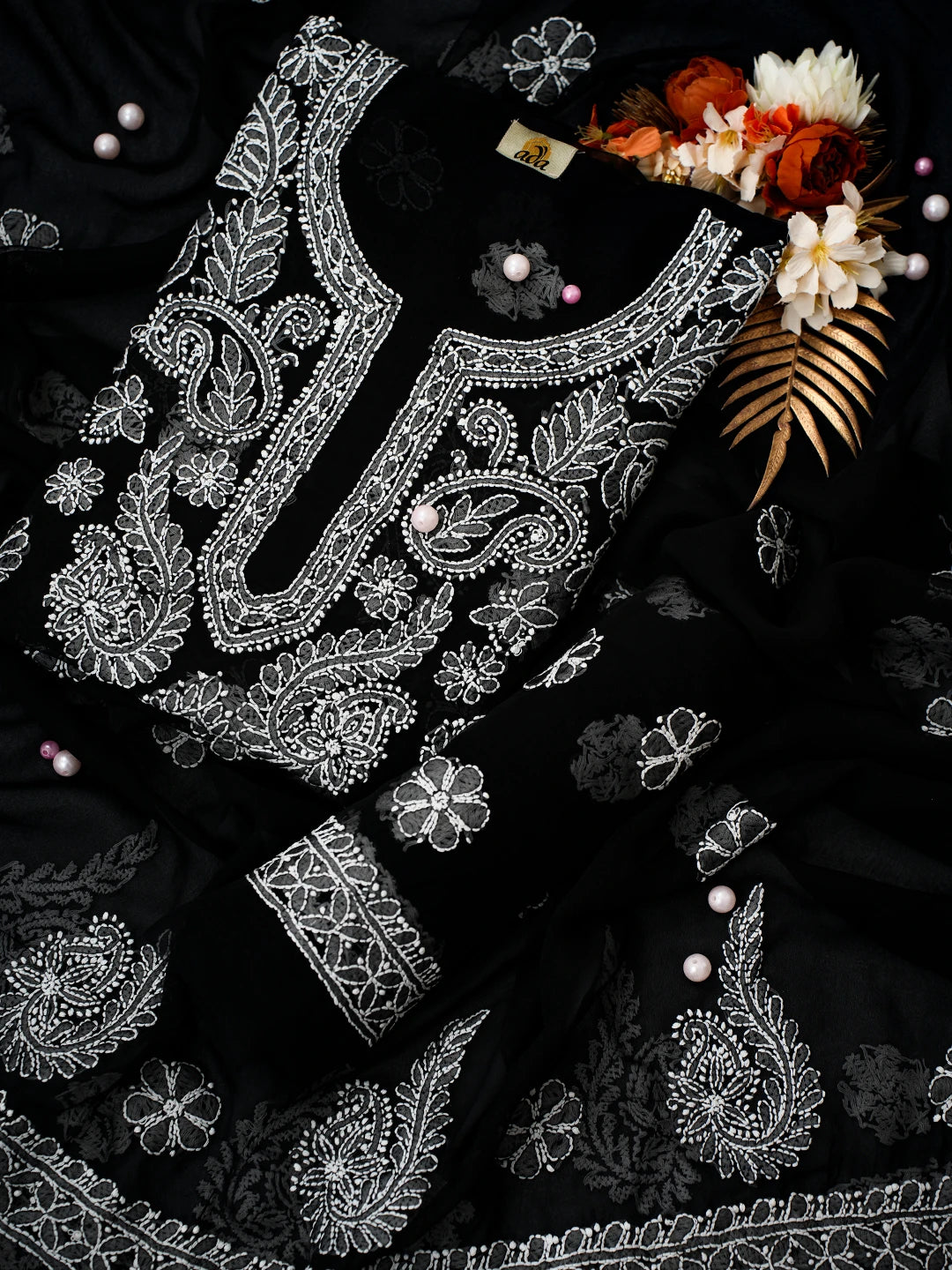 Ada Hand Embroidered Black Georgette Lucknowi Chikankari Unstitched Suit Set A211323