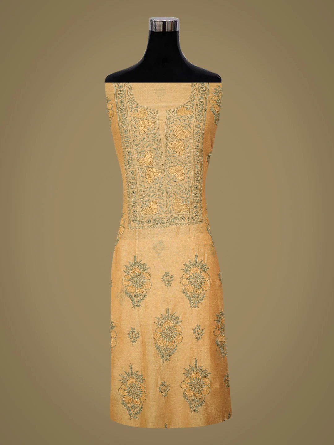 Ada Hand Embroidered Light Orange Chanderi Lucknowi Chikankari Unstitched Kurta Dupatta Set 01A729213
