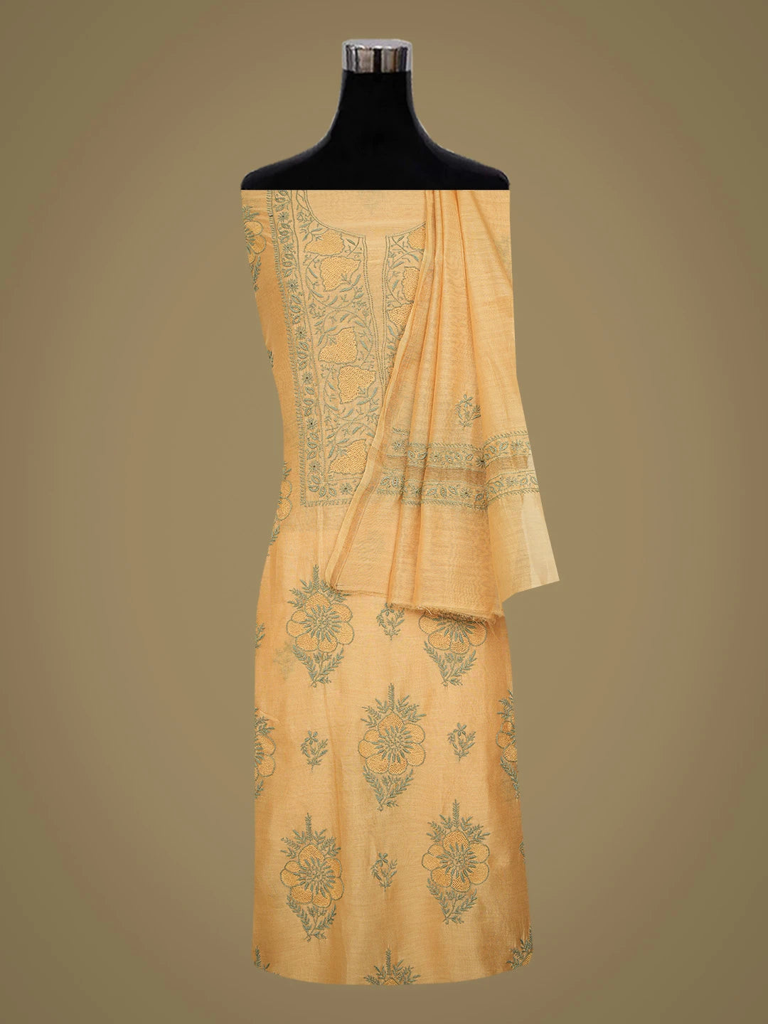 Ada Hand Embroidered Light Orange Chanderi Lucknowi Chikankari Unstitched Kurta Dupatta Set 01A729213