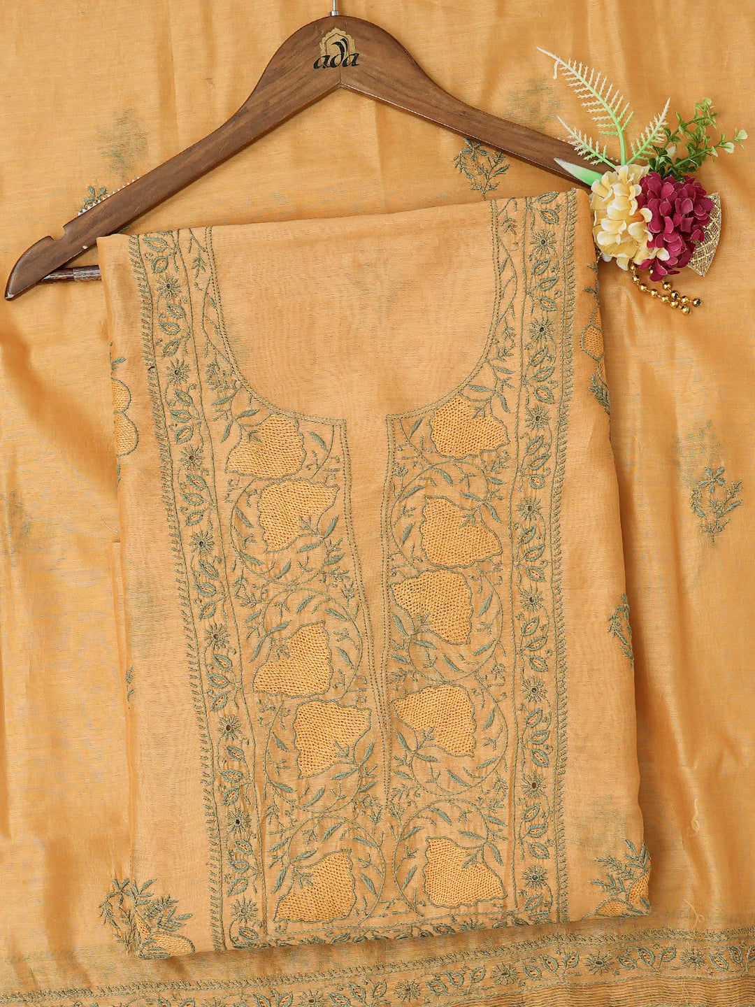 Ada Hand Embroidered Light Orange Chanderi Lucknowi Chikankari Unstitched Kurta Dupatta Set 01A729213