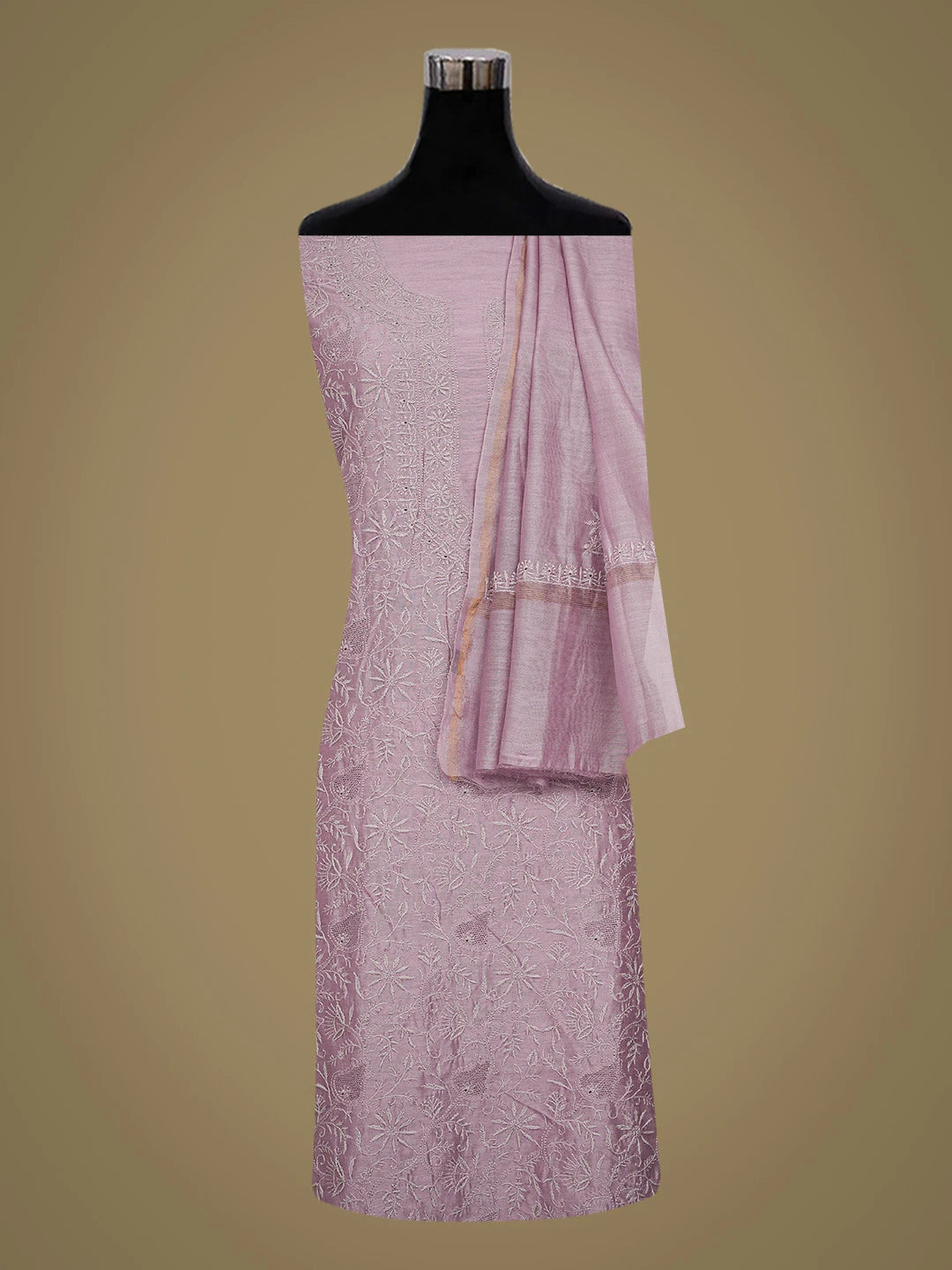 Ada Hand Embroidered Mauve Chanderi Lucknowi Chikankari Unstitched Kurta Dupatta Set 01A729294