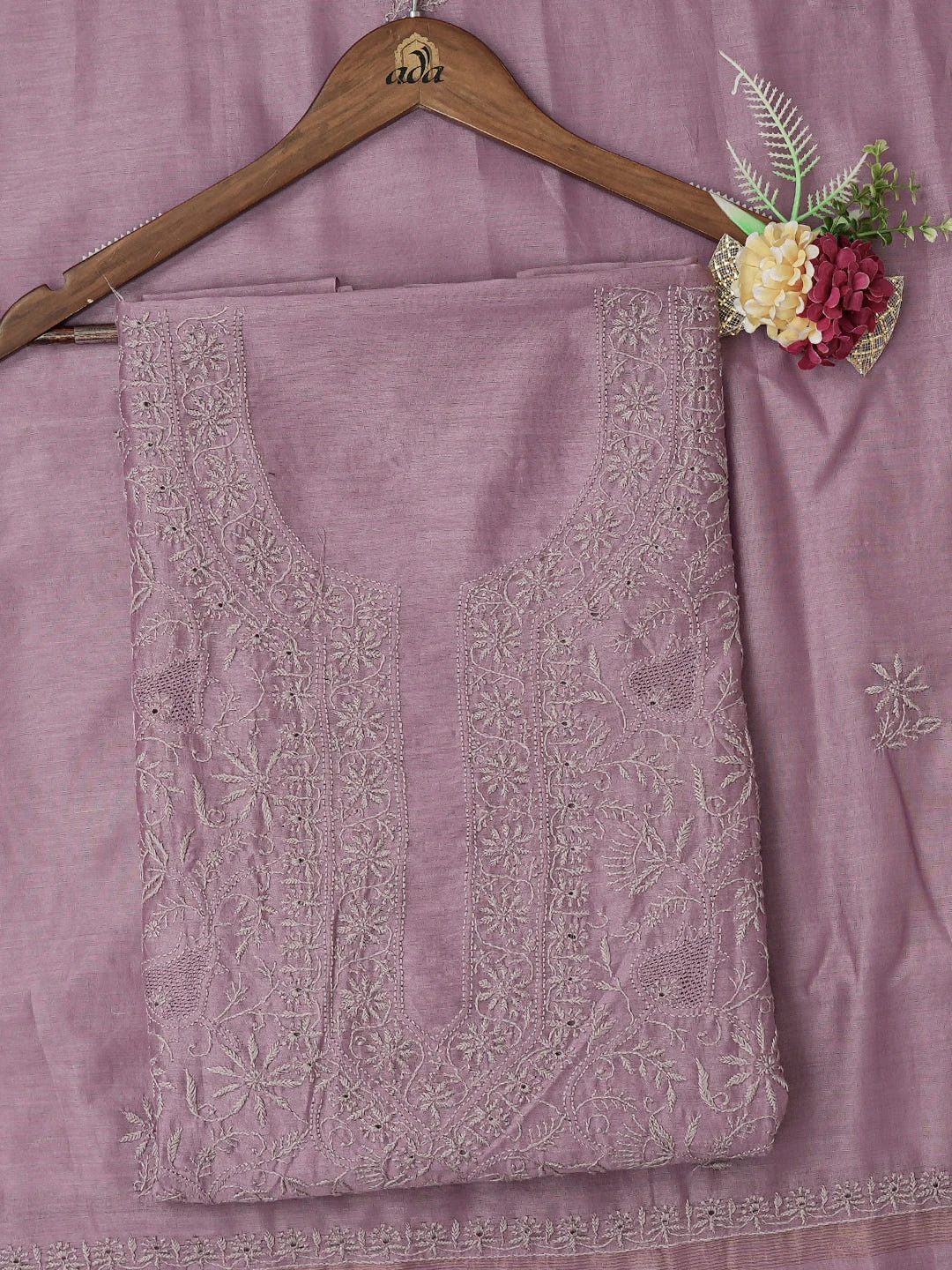 Ada Hand Embroidered Mauve Chanderi Lucknowi Chikankari Unstitched Kurta Dupatta Set 01A729294