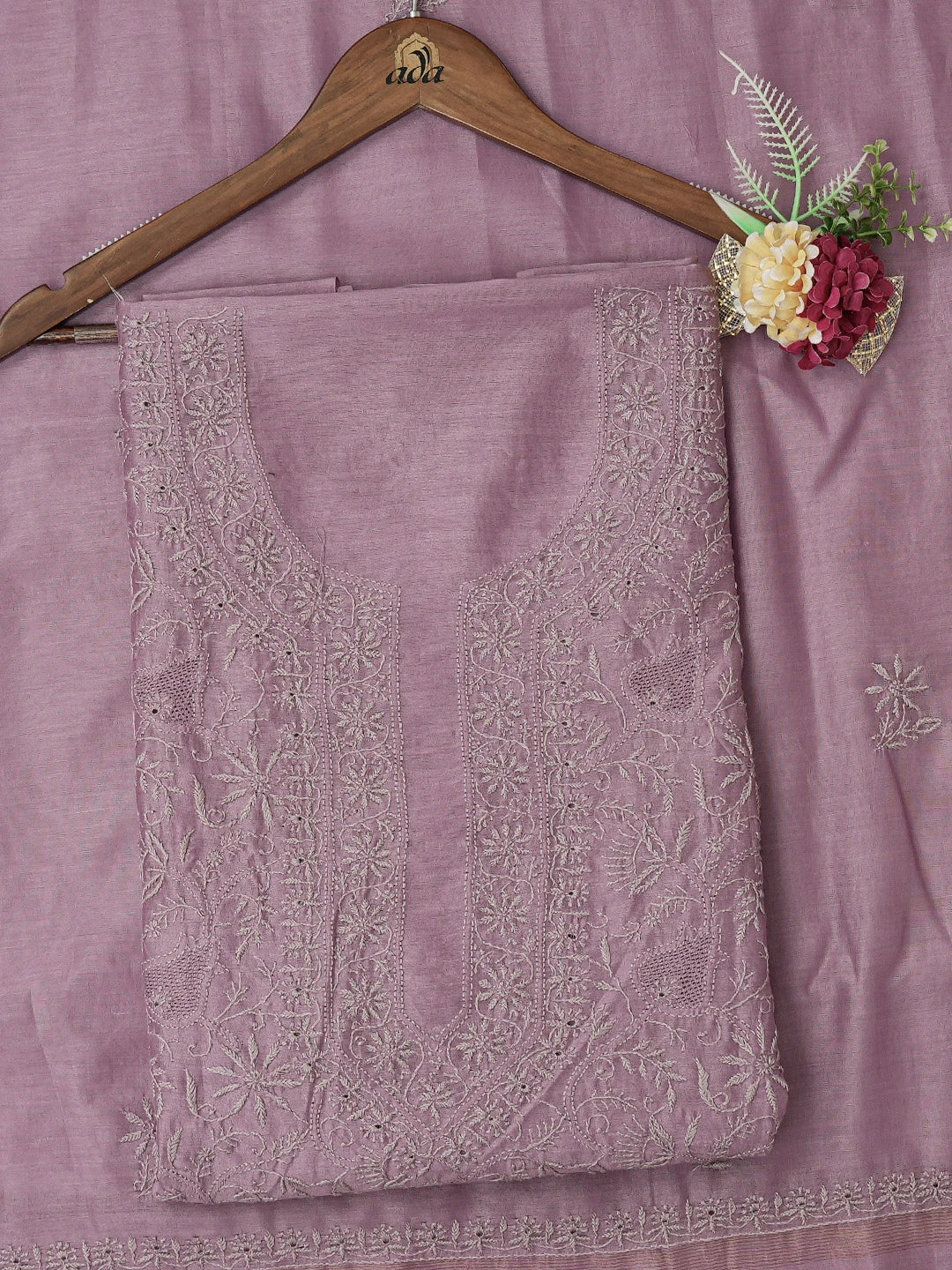 Ada Hand Embroidered Mauve Chanderi Lucknowi Chikankari Unstitched Kurta Dupatta Set 01A729294