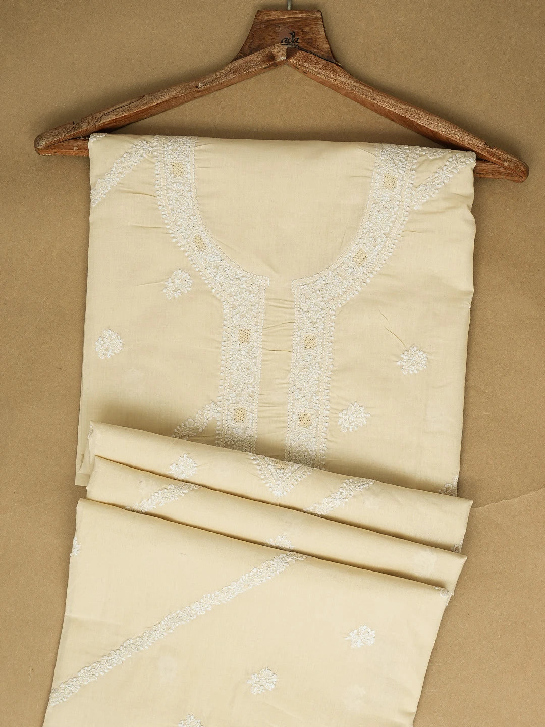 Ada Hand Embroidered Beige Cotton Lucknowi Chikankari Unstitched Men's Kurta Piece 01A706146