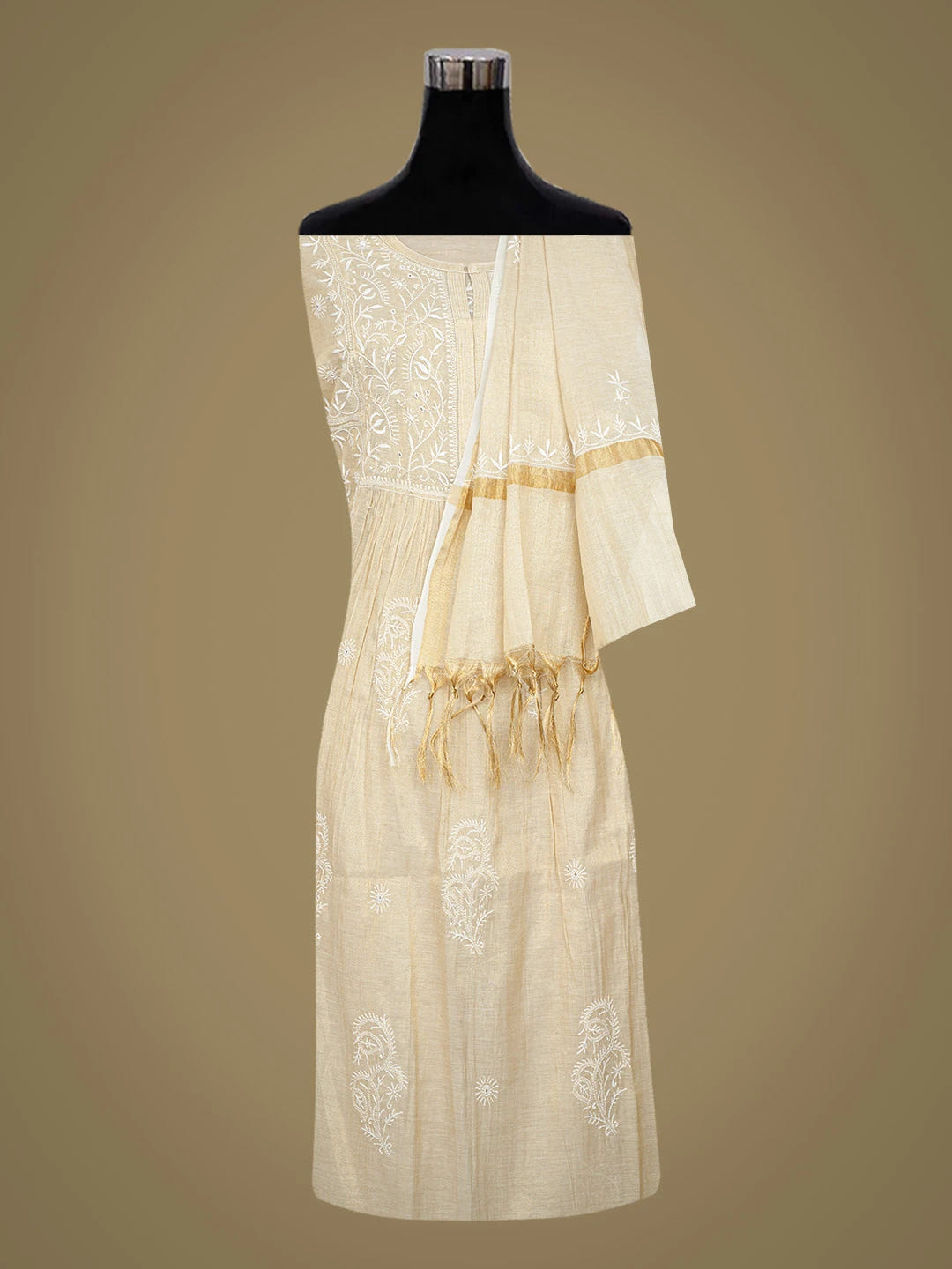Ada Hand Embroidered Fawn Tissue Lucknowi Chikankari Semi-Stitched Kurta Dupatta Set 01A718037