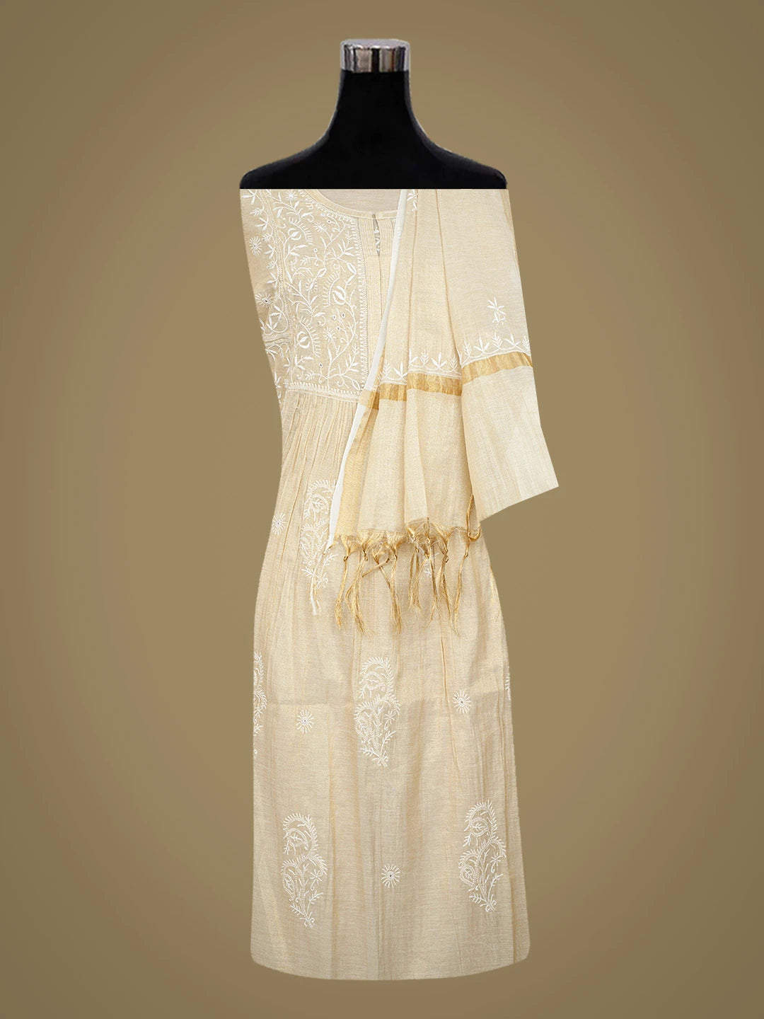 Ada Hand Embroidered Fawn Tissue Lucknowi Chikankari Semi-Stitched Kurta Dupatta Set 01A718037