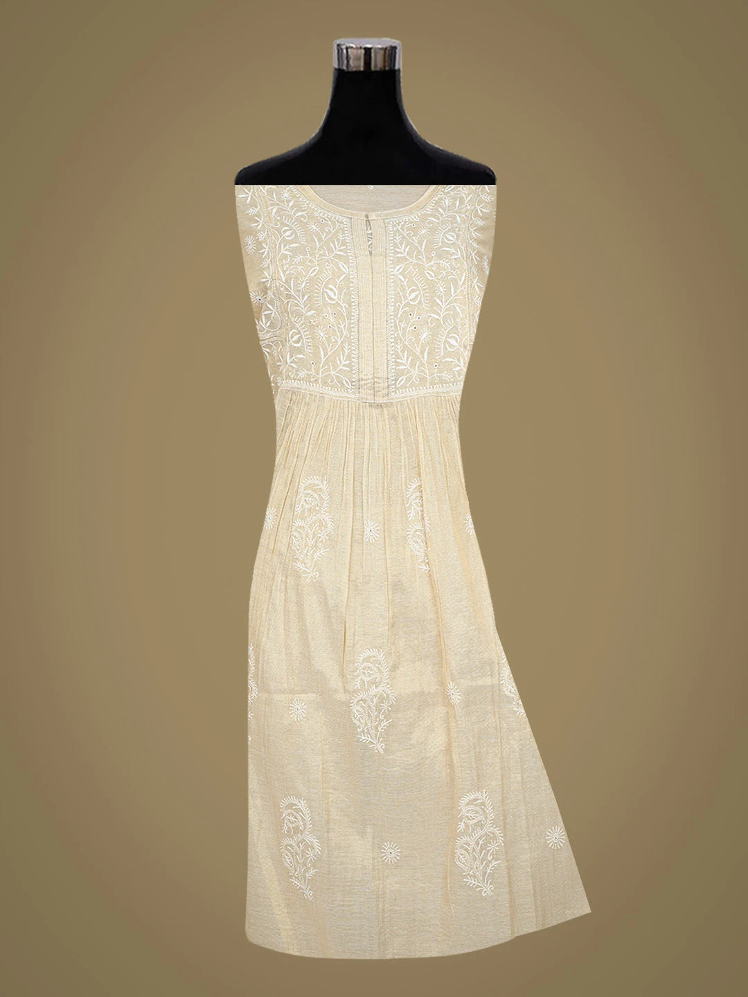 Ada Hand Embroidered Fawn Tissue Lucknowi Chikankari Semi-Stitched Kurta Dupatta Set 01A718037