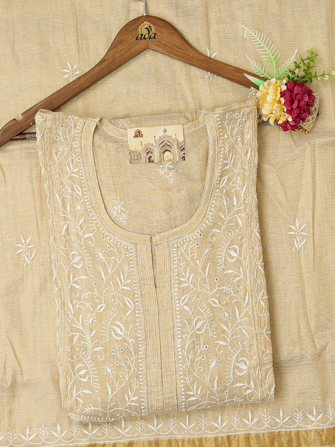 Ada Hand Embroidered Fawn Tissue Lucknowi Chikankari Semi-Stitched Kurta Dupatta Set 01A718037