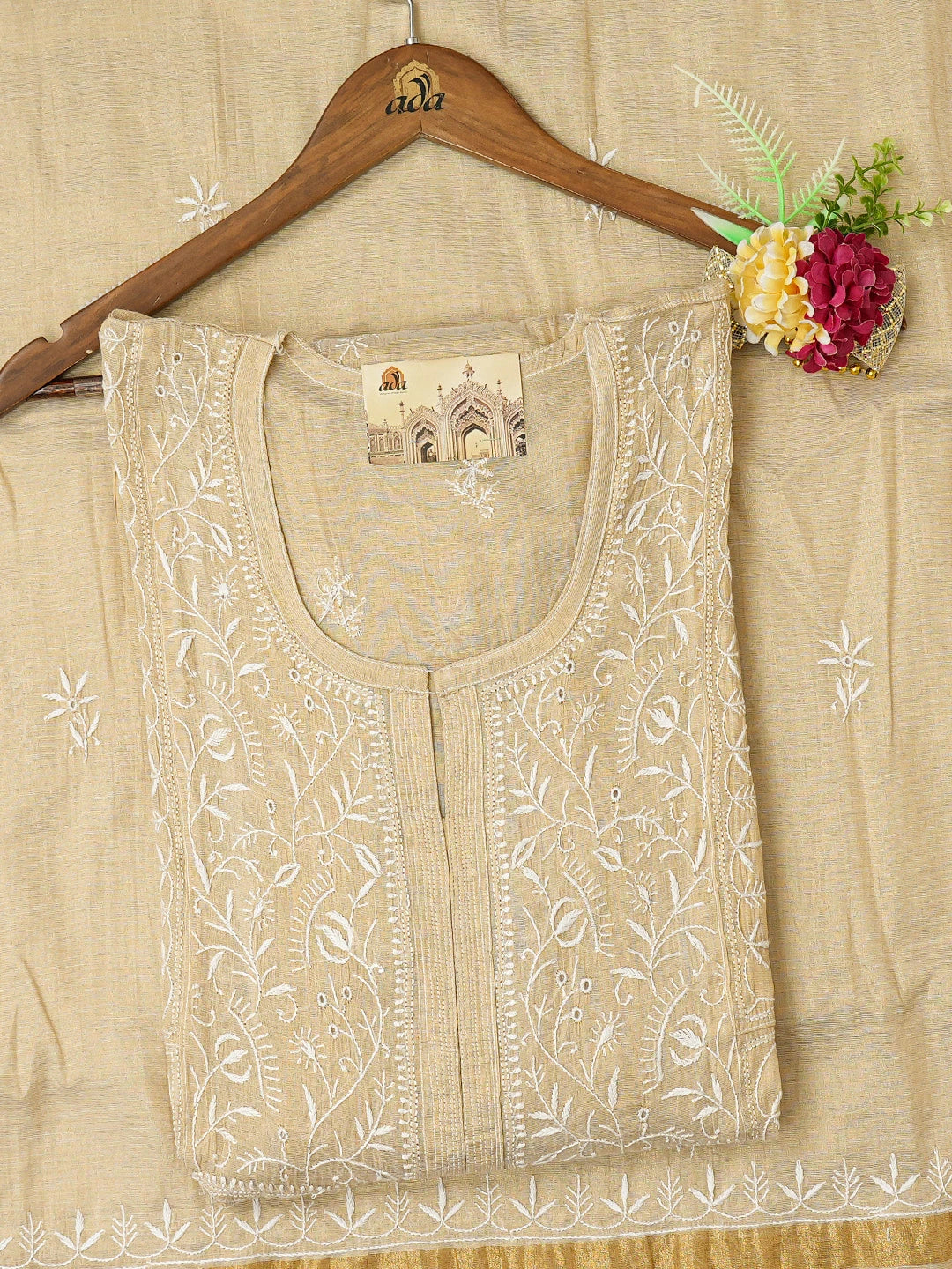 Ada Hand Embroidered Fawn Tissue Lucknowi Chikankari Semi-Stitched Kurta Dupatta Set 01A718037