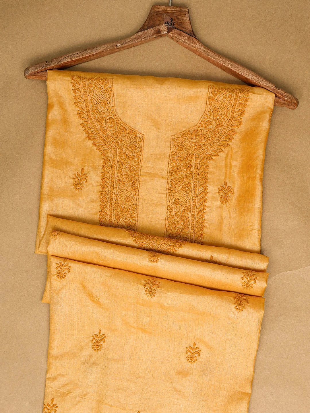 Ada Hand Embroidered Mustard Silk Lucknowi Chikankari Unstitched Men's Kurta Piece 01A722441