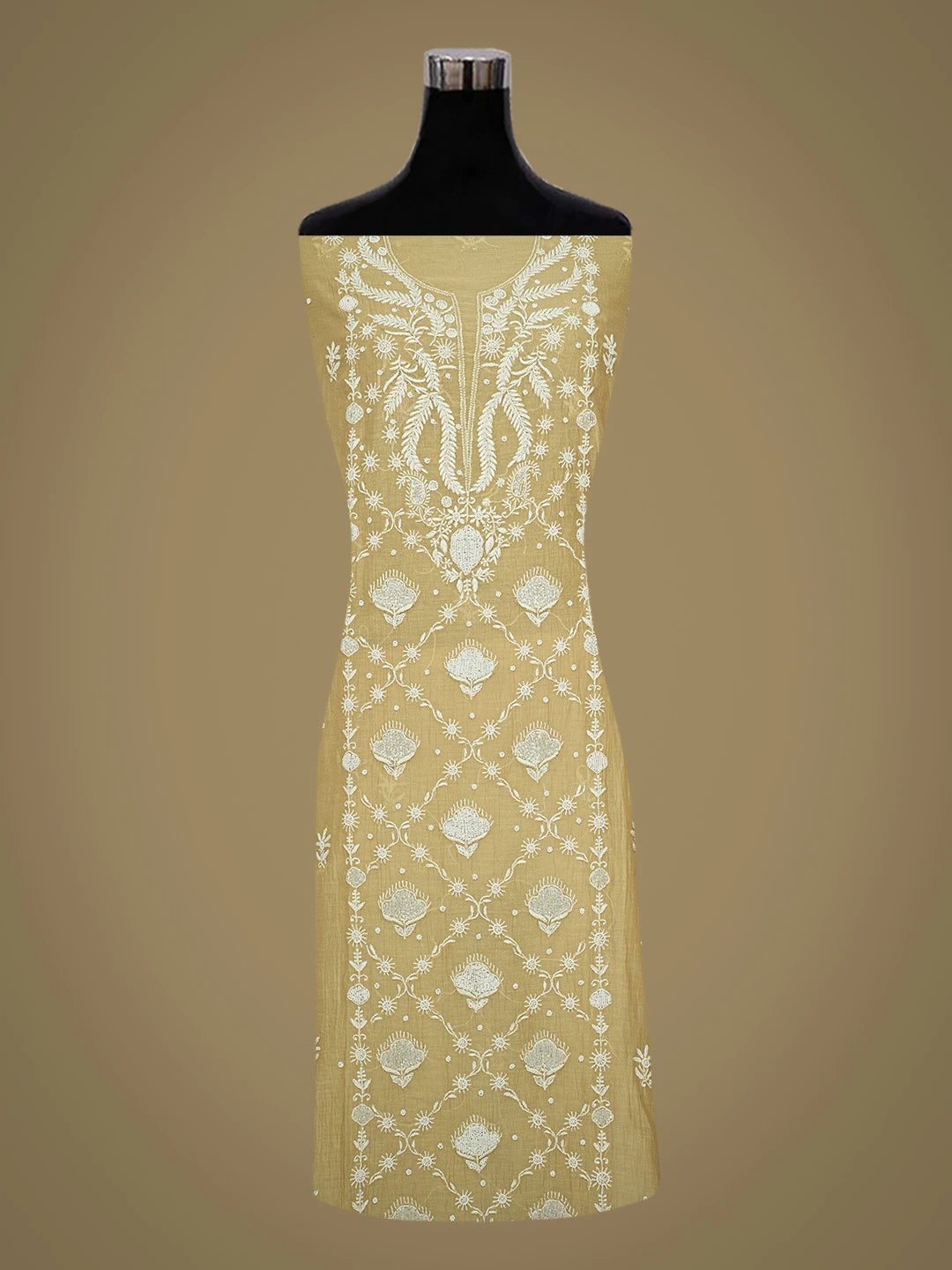 Ada Hand Embroidered Fawn Chanderi Lucknowi Chikankari Semi-Stitched Kurta Dupatta Set With Cutdana Work 01A700401