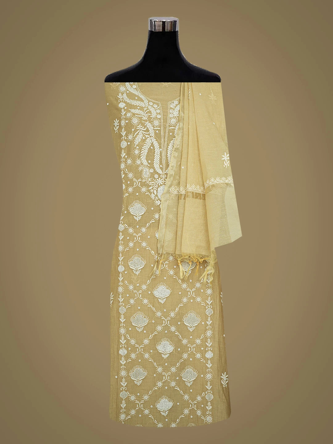 Ada Hand Embroidered Fawn Chanderi Lucknowi Chikankari Semi-Stitched Kurta Dupatta Set With Cutdana Work 01A700401