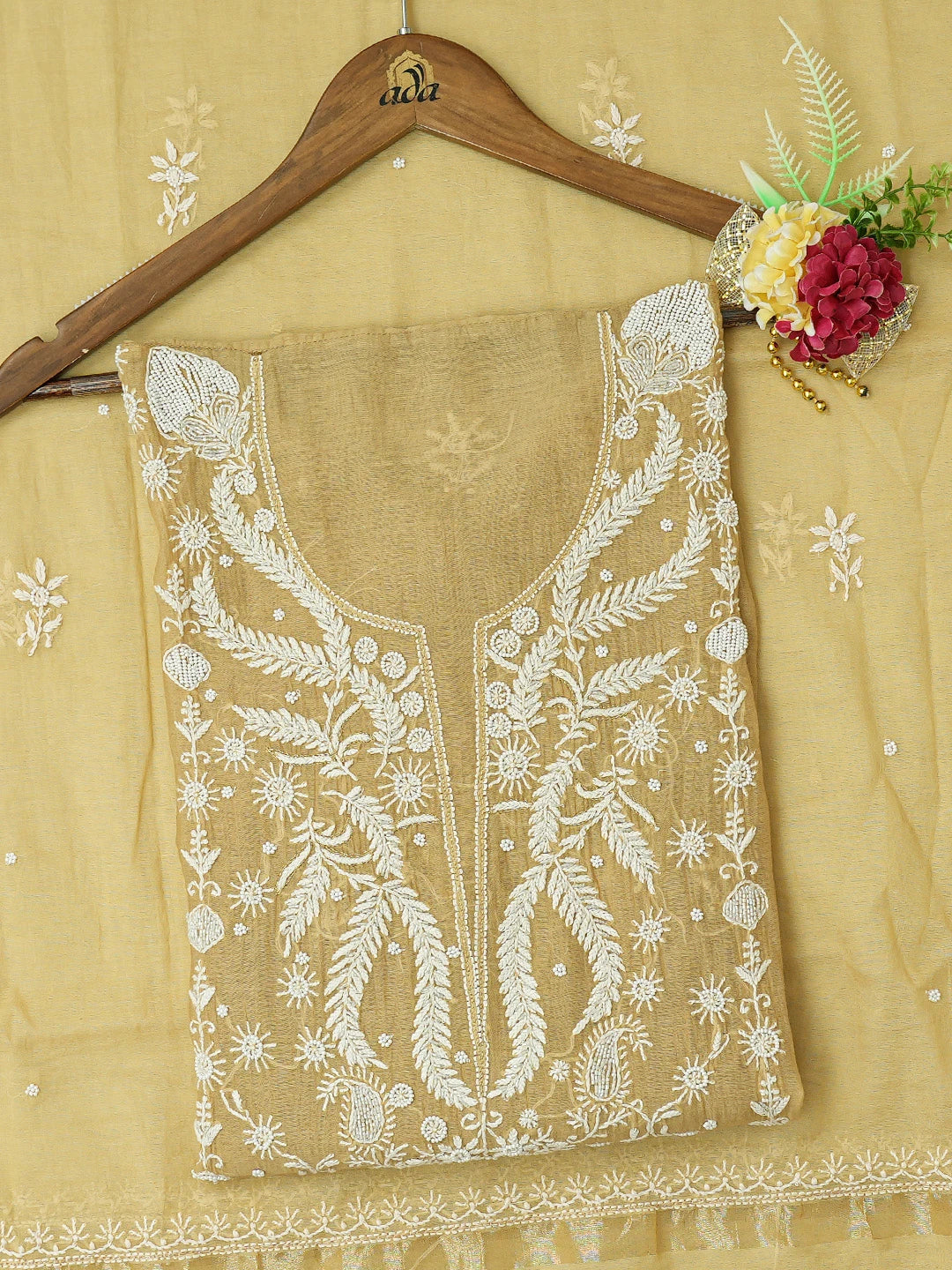 Ada Hand Embroidered Fawn Chanderi Lucknowi Chikankari Semi-Stitched Kurta Dupatta Set With Cutdana Work 01A700401