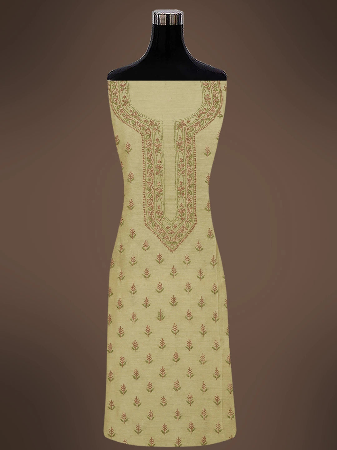 Ada Hand Embroidered Fawn Moonga Silk Lucknowi Chikankari Unstitched Kurta Dupatta Set 01A680753