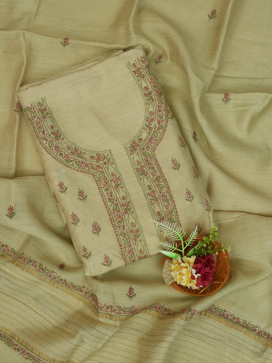 Ada Hand Embroidered Fawn Moonga Silk Lucknowi Chikankari Unstitched Kurta Dupatta Set 01A680753