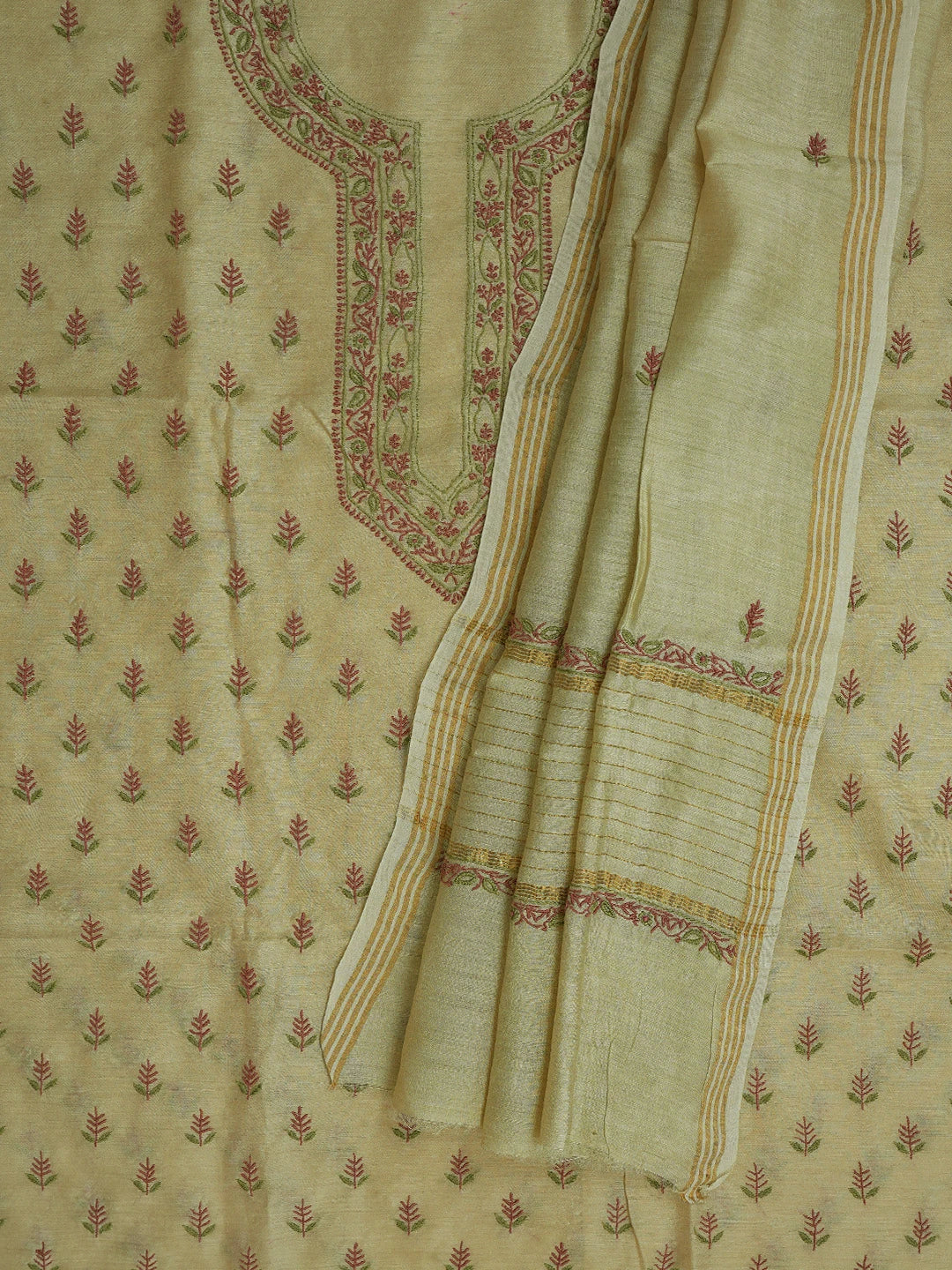Ada Hand Embroidered Fawn Moonga Silk Lucknowi Chikankari Unstitched Kurta Dupatta Set 01A680753