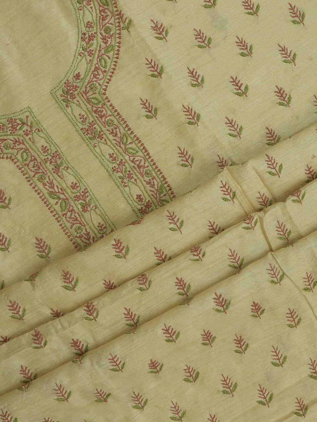 Ada Hand Embroidered Fawn Moonga Silk Lucknowi Chikankari Unstitched Kurta Dupatta Set 01A680753