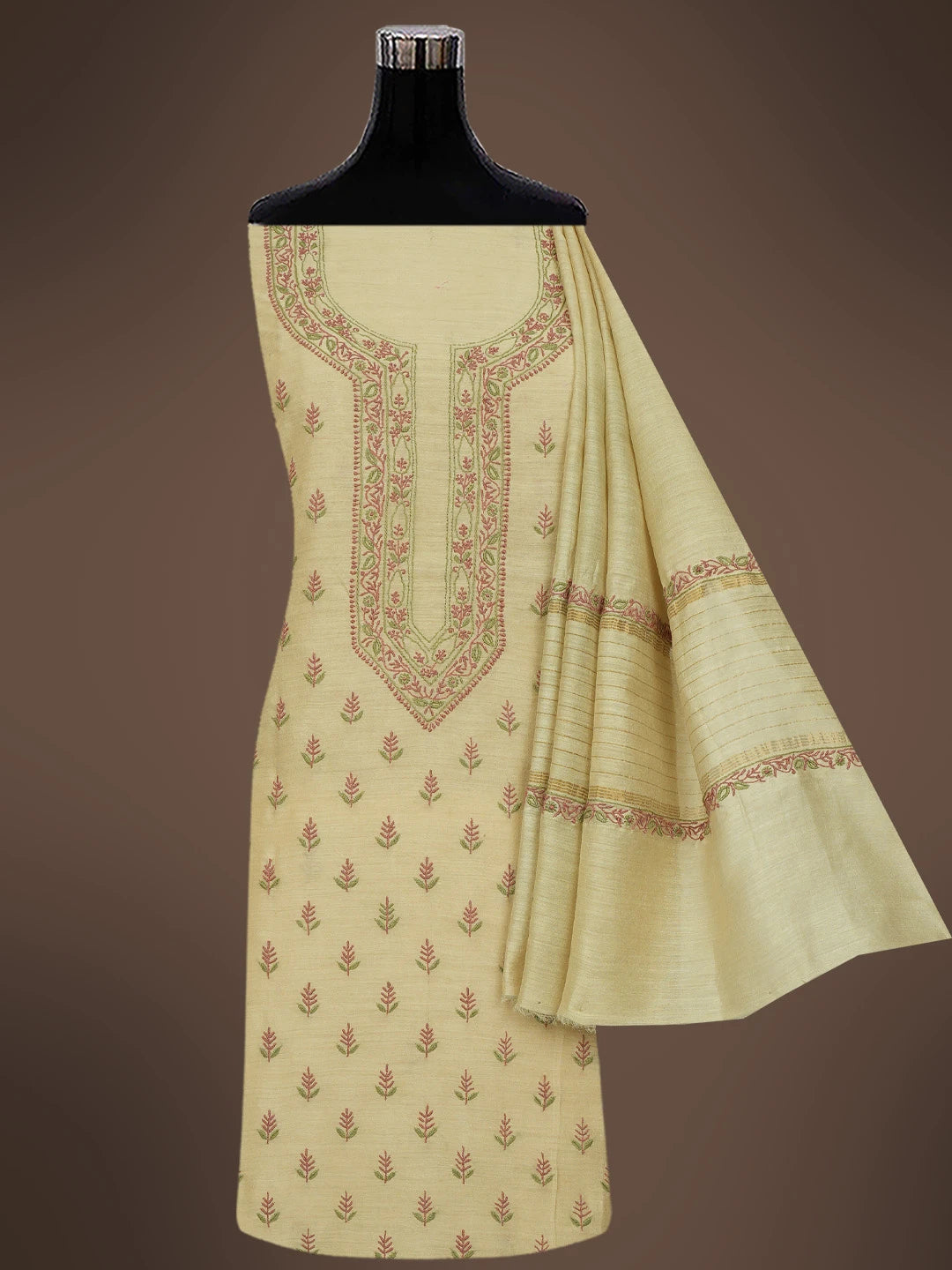 Ada Hand Embroidered Fawn Moonga Silk Lucknowi Chikankari Unstitched Kurta Dupatta Set 01A680753