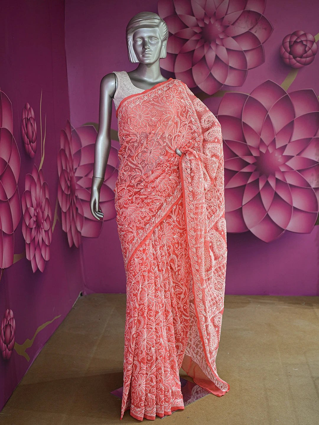 Ada Hand Embroidered Carrot Pink Georgette Lucknowi Chikankari Saree and Blouse 01A416801