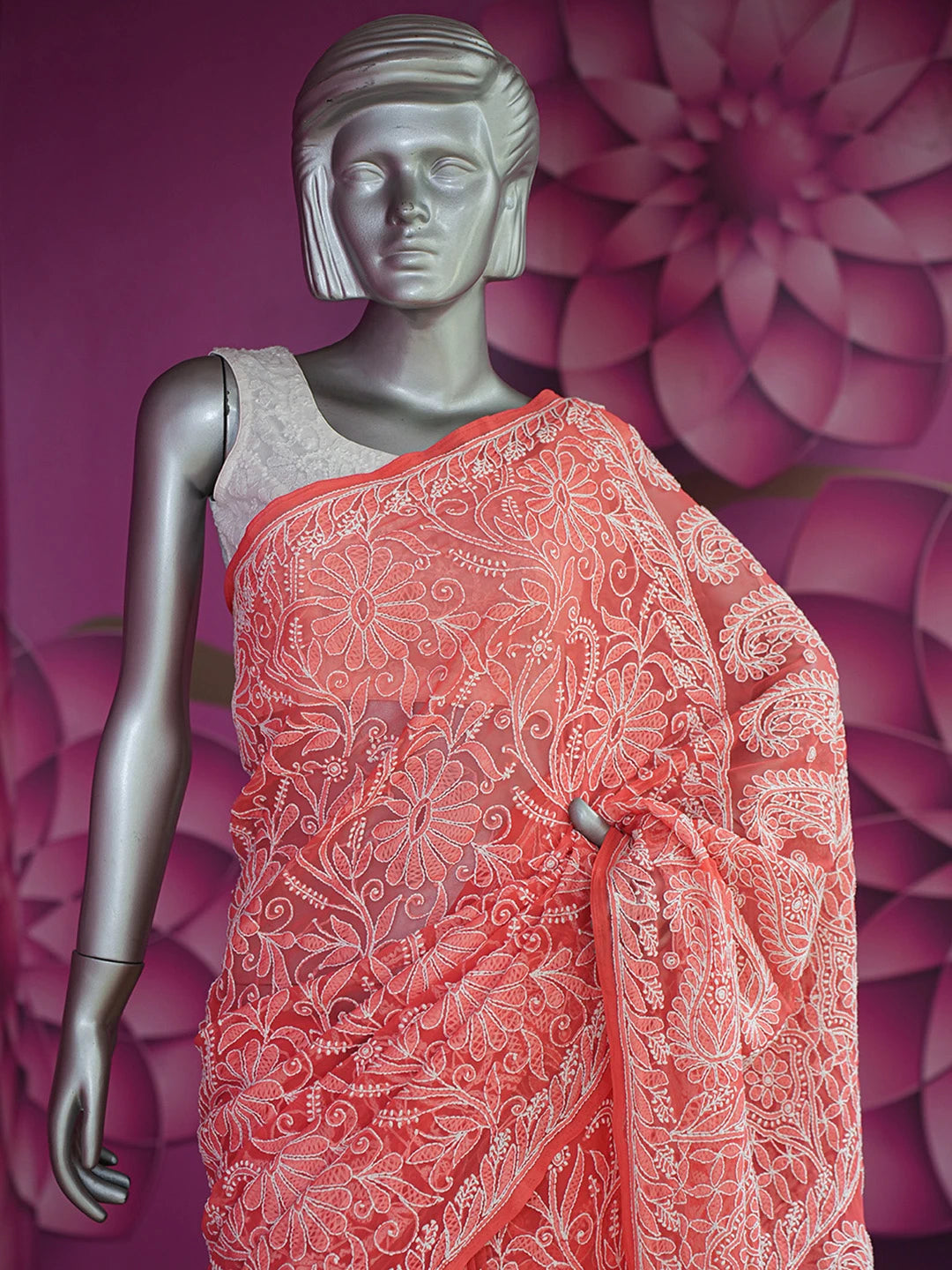 Ada Hand Embroidered Carrot Pink Georgette Lucknowi Chikankari Saree and Blouse 01A416801