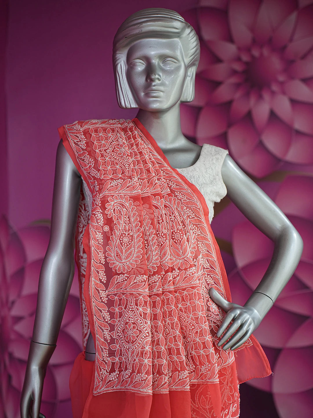 Ada Hand Embroidered Carrot Pink Georgette Lucknowi Chikankari Saree and Blouse 01A416801