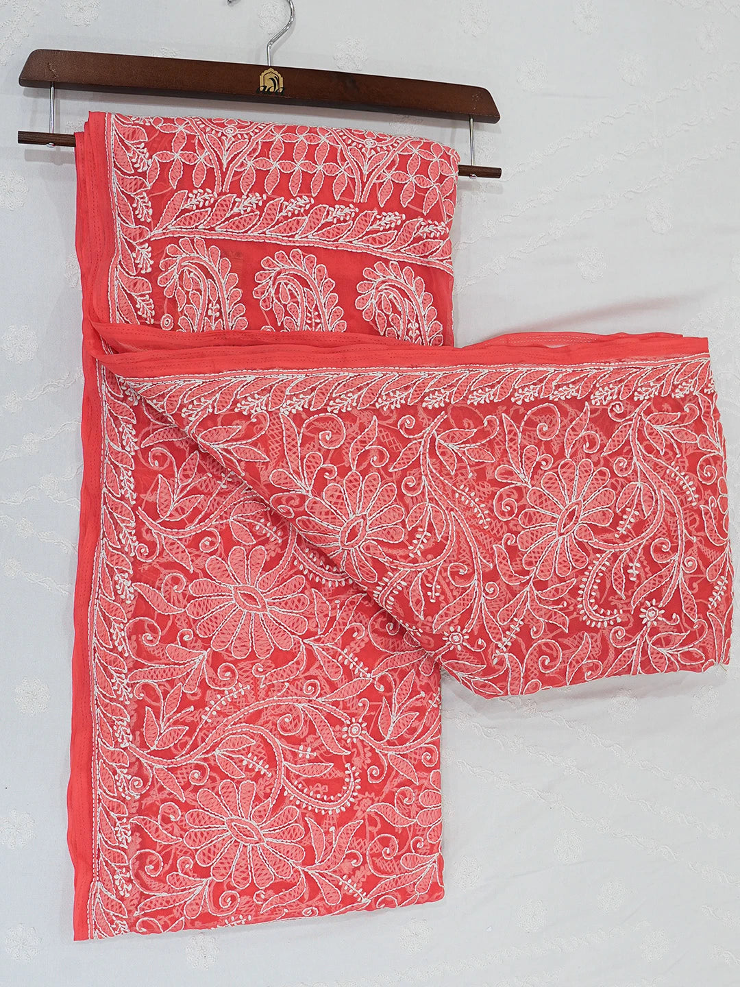 Ada Hand Embroidered Carrot Pink Georgette Lucknowi Chikankari Saree and Blouse 01A416801