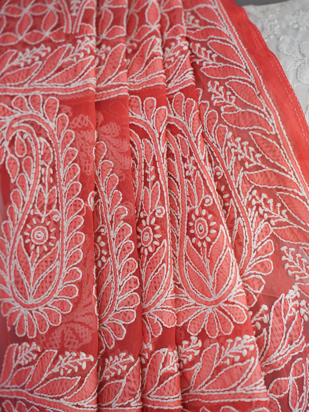 Ada Hand Embroidered Carrot Pink Georgette Lucknowi Chikankari Saree and Blouse 01A416801