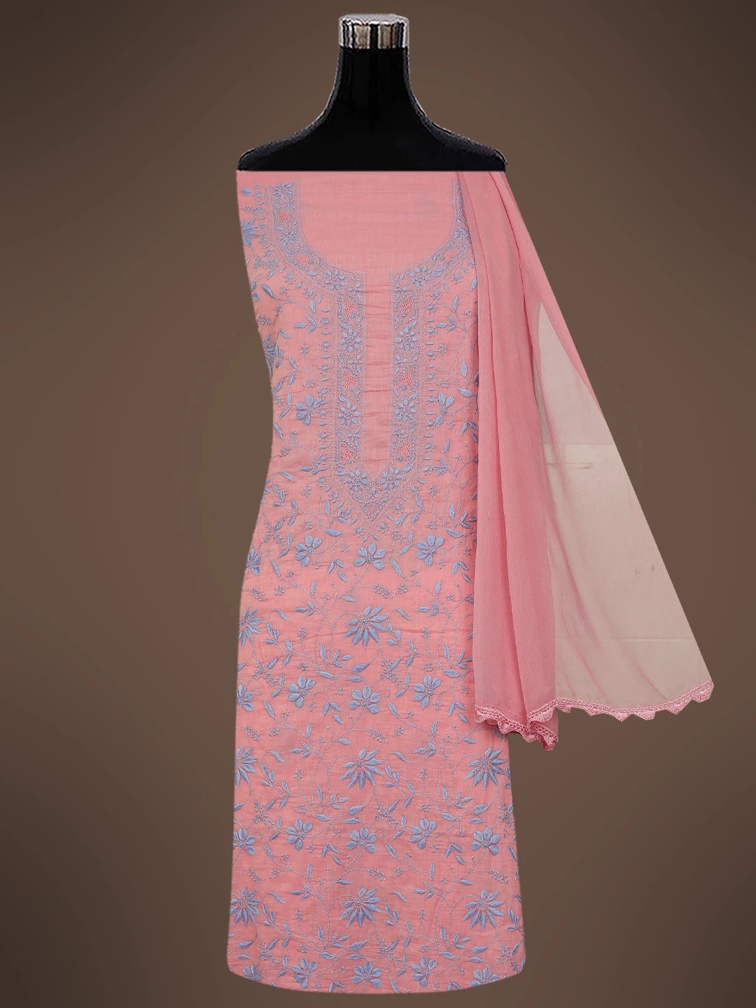 Ada Hand Embroidered Flamingo Pink Cotton Lucknowi Chikankari Unstitched Suit Piece 01A693501
