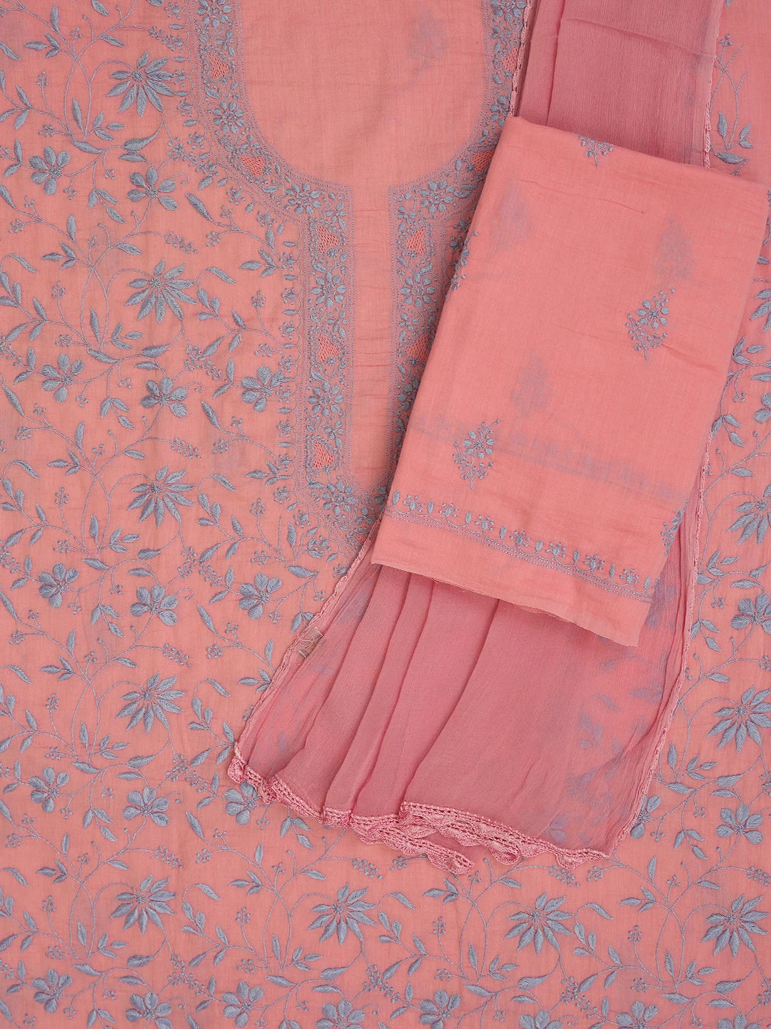 Ada Hand Embroidered Flamingo Pink Cotton Lucknowi Chikankari Unstitched Suit Piece 01A693501