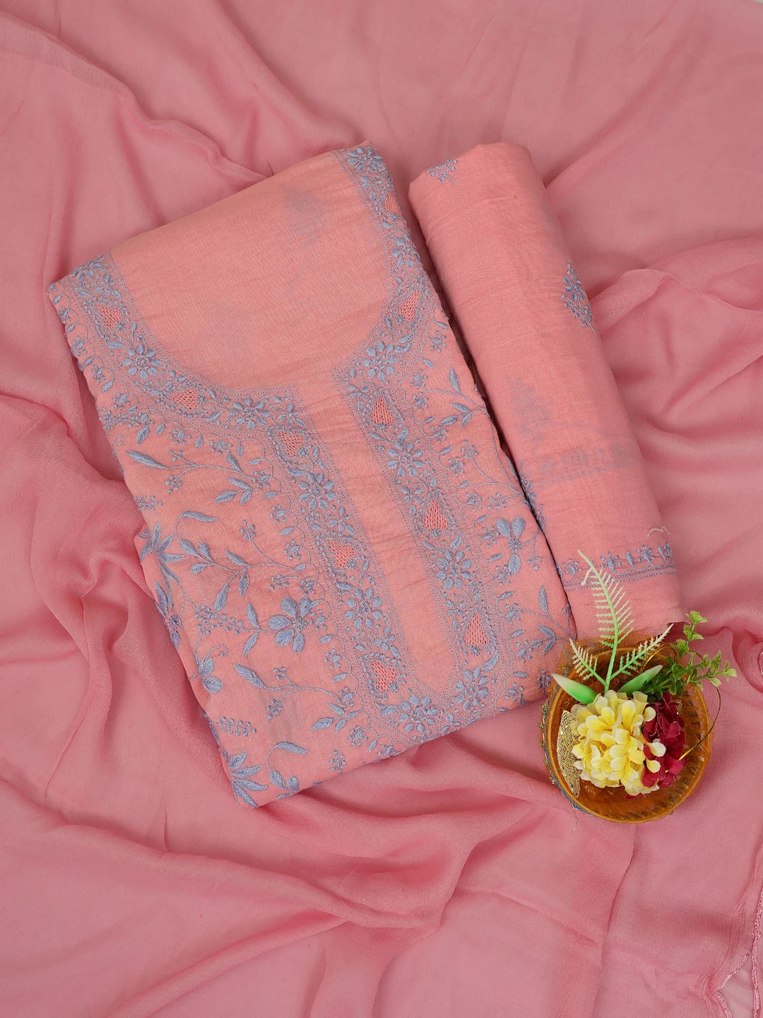Ada Hand Embroidered Flamingo Pink Cotton Lucknowi Chikankari Unstitched Suit Piece 01A693501