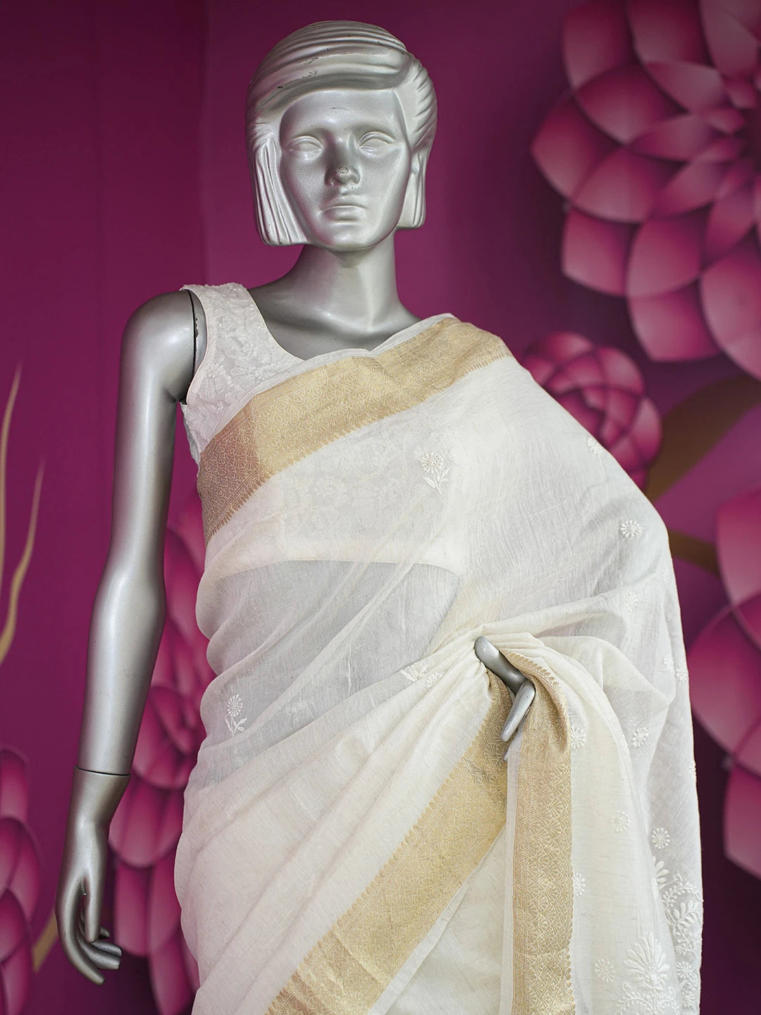 Ada Hand Embroidered Ivory White Chanderi Lucknowi Chikankari Saree and Blouse With Zari Work 01A727519