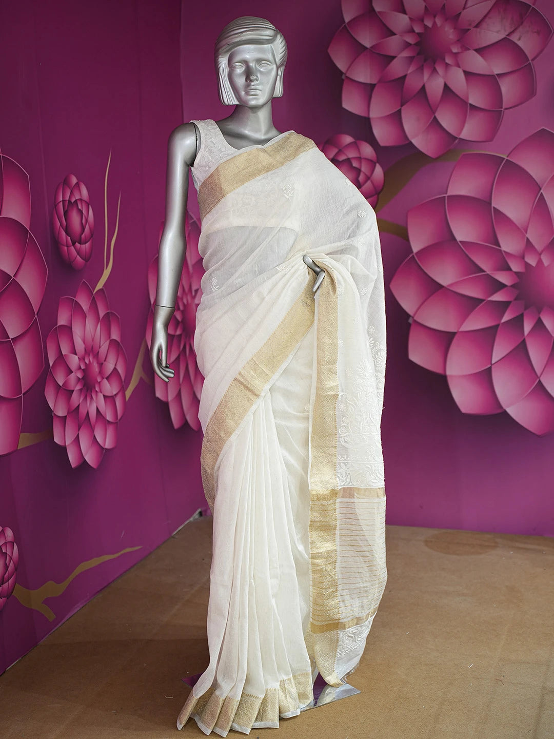 Ada Hand Embroidered Ivory White Chanderi Lucknowi Chikankari Saree and Blouse With Zari Work 01A727519