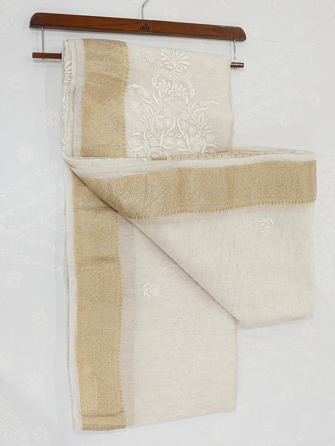 Ada Hand Embroidered Ivory White Chanderi Lucknowi Chikankari Saree and Blouse With Zari Work 01A727519
