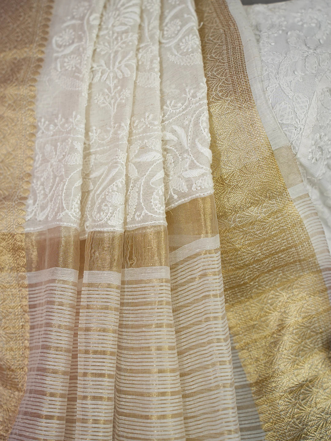 Ada Hand Embroidered Ivory White Chanderi Lucknowi Chikankari Saree and Blouse With Zari Work 01A727519