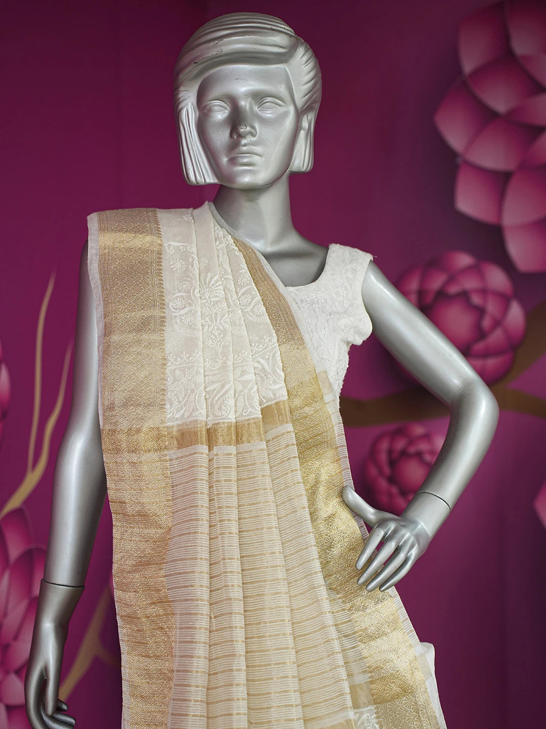 Ada Hand Embroidered Ivory White Chanderi Lucknowi Chikankari Saree and Blouse With Zari Work 01A727519