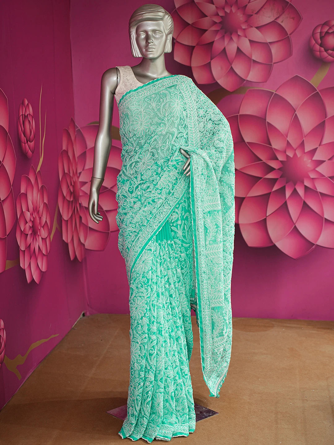 Ada Hand Embroidered Green Georgette Lucknowi Chikankari Saree and Blouse 01A554208