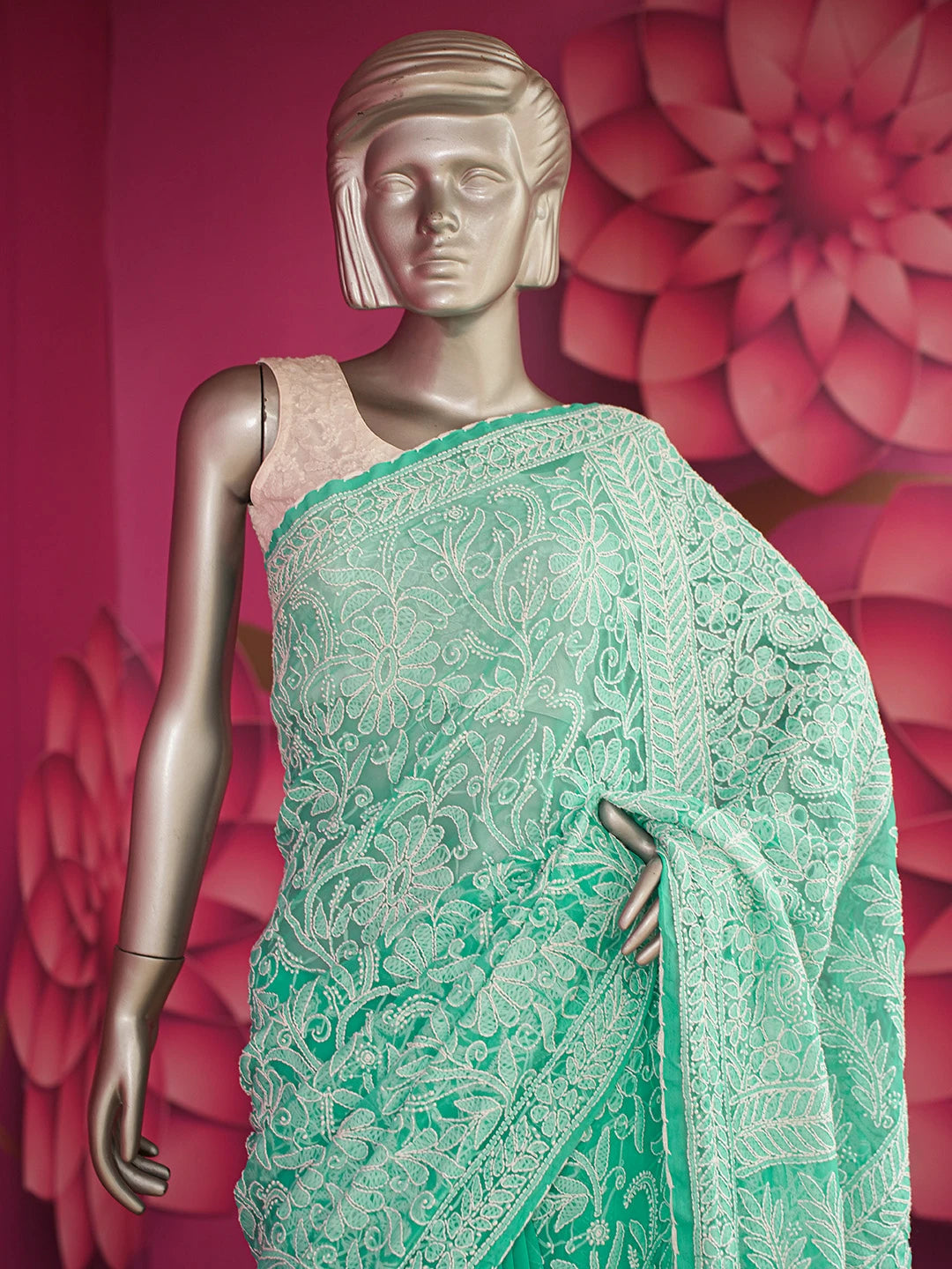 Ada Hand Embroidered Green Georgette Lucknowi Chikankari Saree and Blouse 01A554208