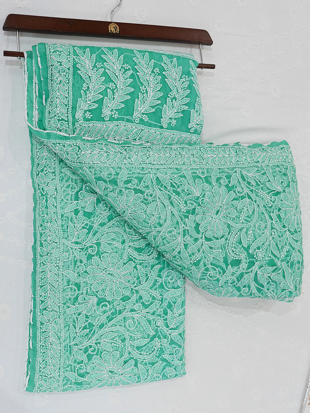 Ada Hand Embroidered Green Georgette Lucknowi Chikankari Saree and Blouse 01A554208