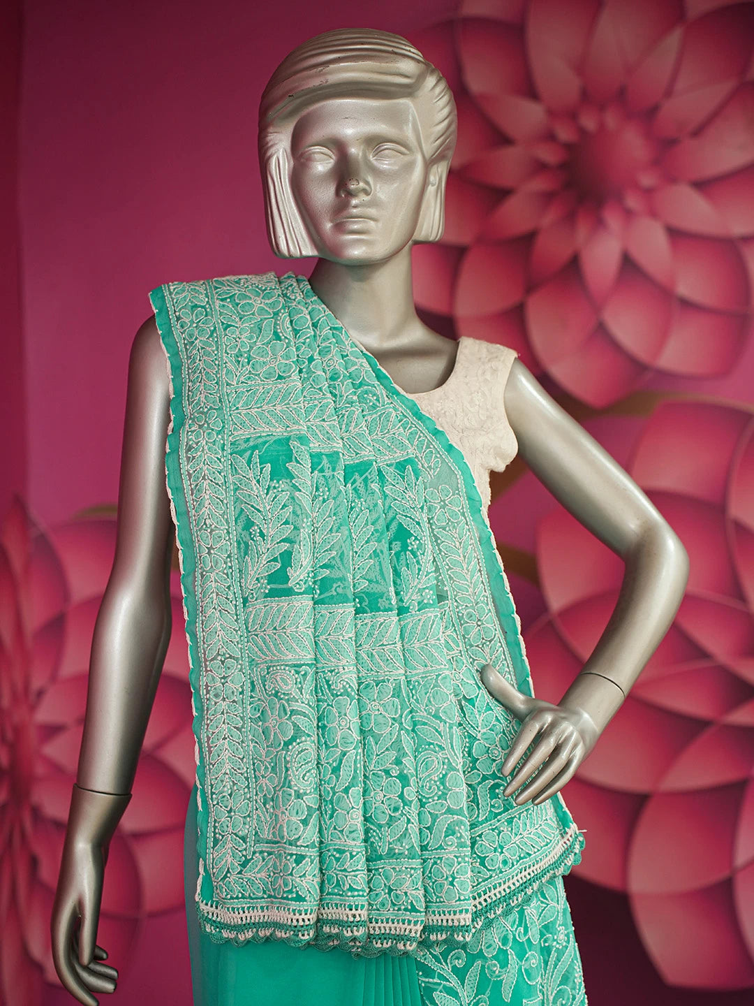Ada Hand Embroidered Green Georgette Lucknowi Chikankari Saree and Blouse 01A554208