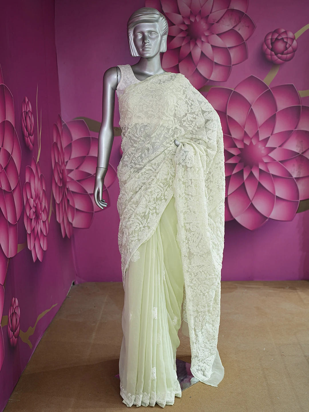 Ada Hand Embroidered Light Green Georgette Lucknowi Chikankari Saree and Blouse 01A719258