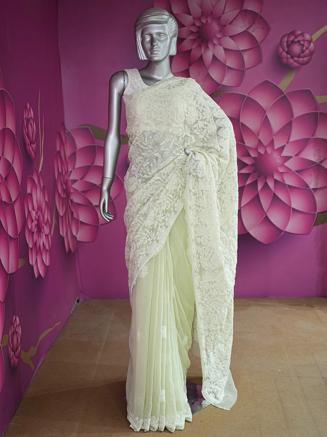 Ada Hand Embroidered Light Green Georgette Lucknowi Chikankari Saree and Blouse 01A719258