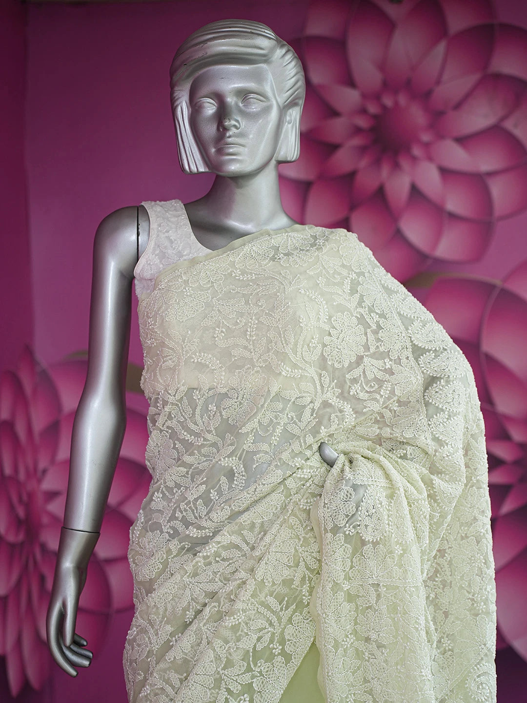 Ada Hand Embroidered Light Green Georgette Lucknowi Chikankari Saree and Blouse 01A719258
