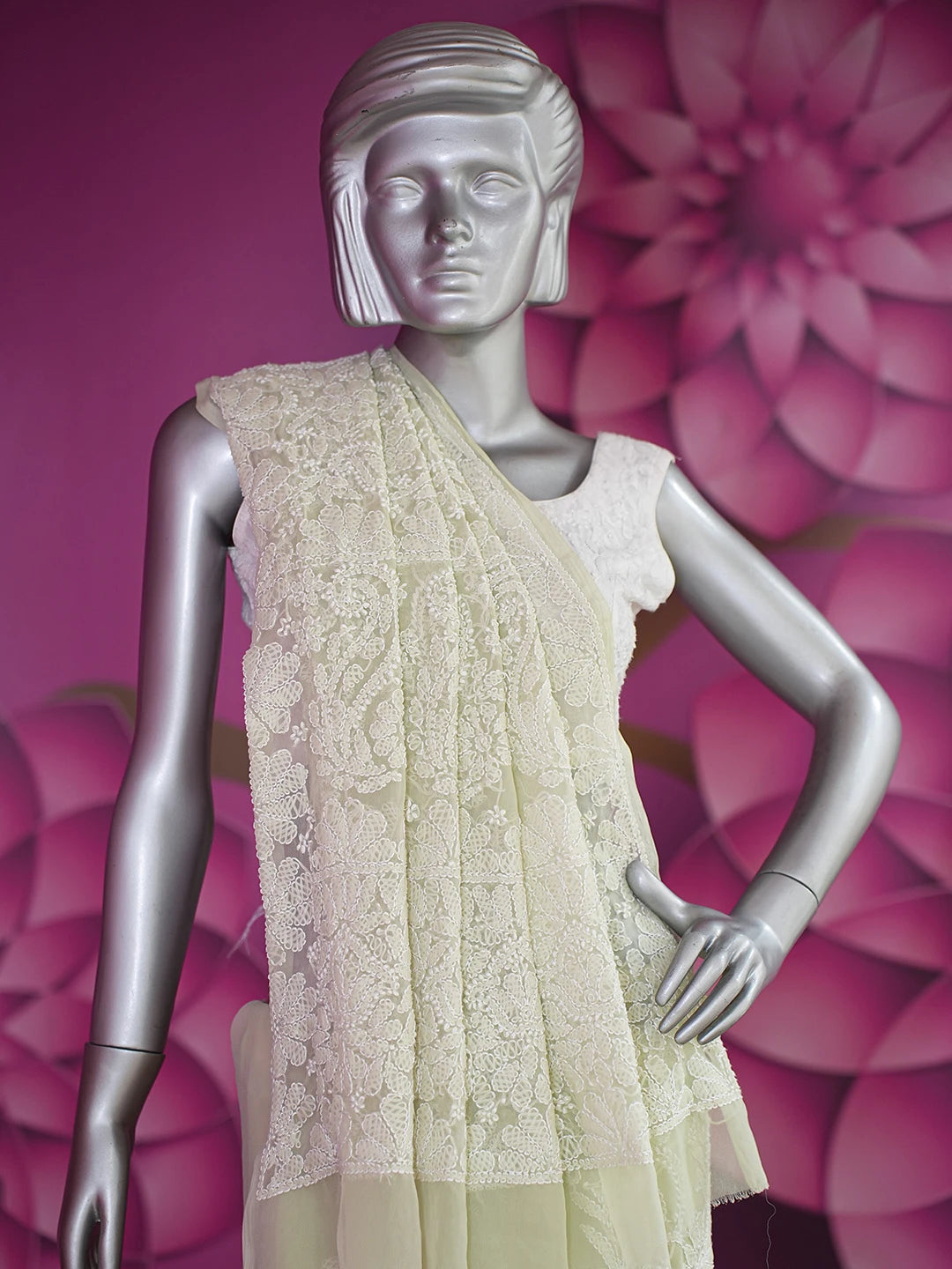 Ada Hand Embroidered Light Green Georgette Lucknowi Chikankari Saree and Blouse 01A719258
