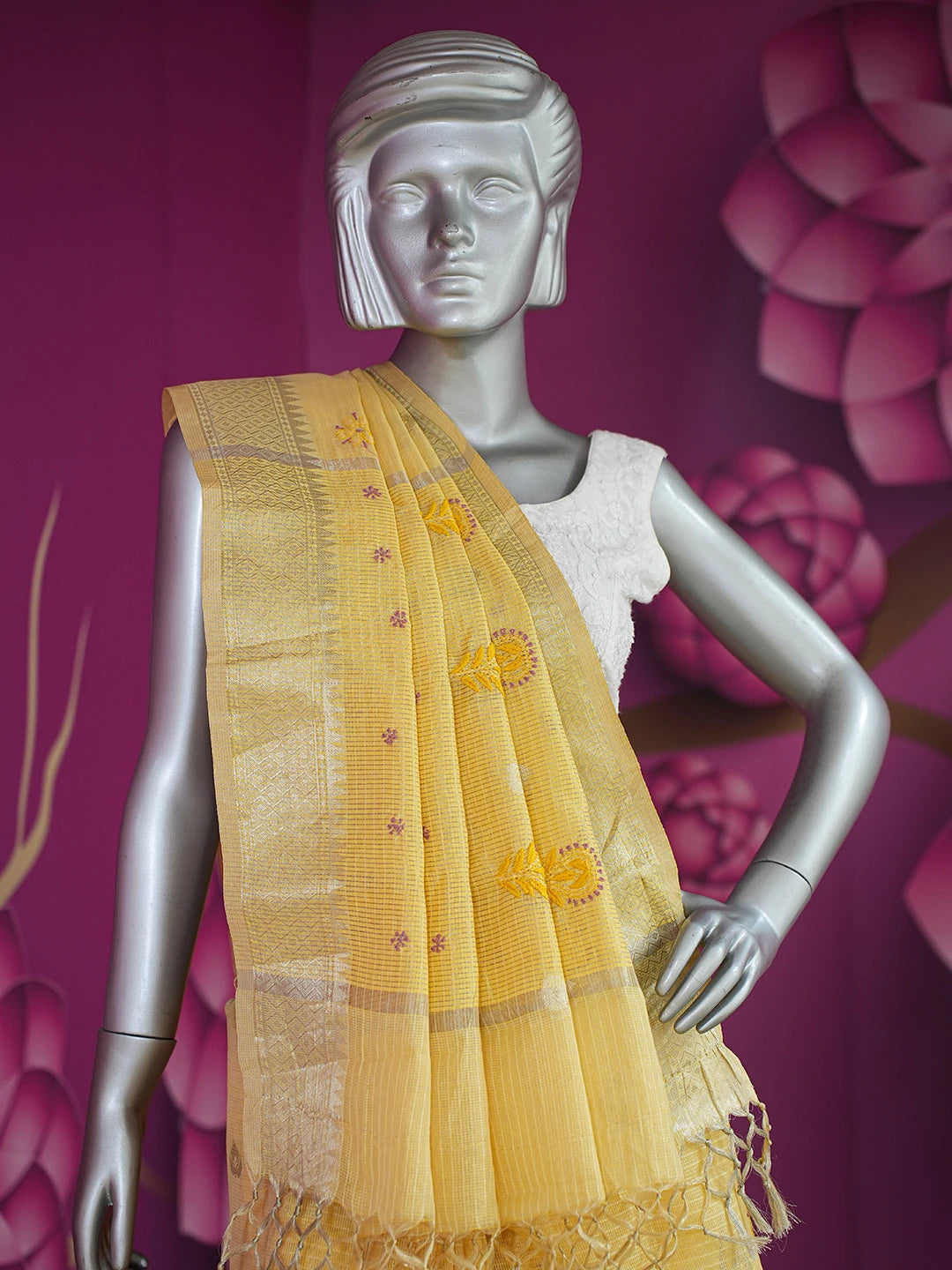 Ada Hand Embroidered Yellow Chanderi Lucknowi Chikankari Saree and Blouse With Zari Work 01A729042