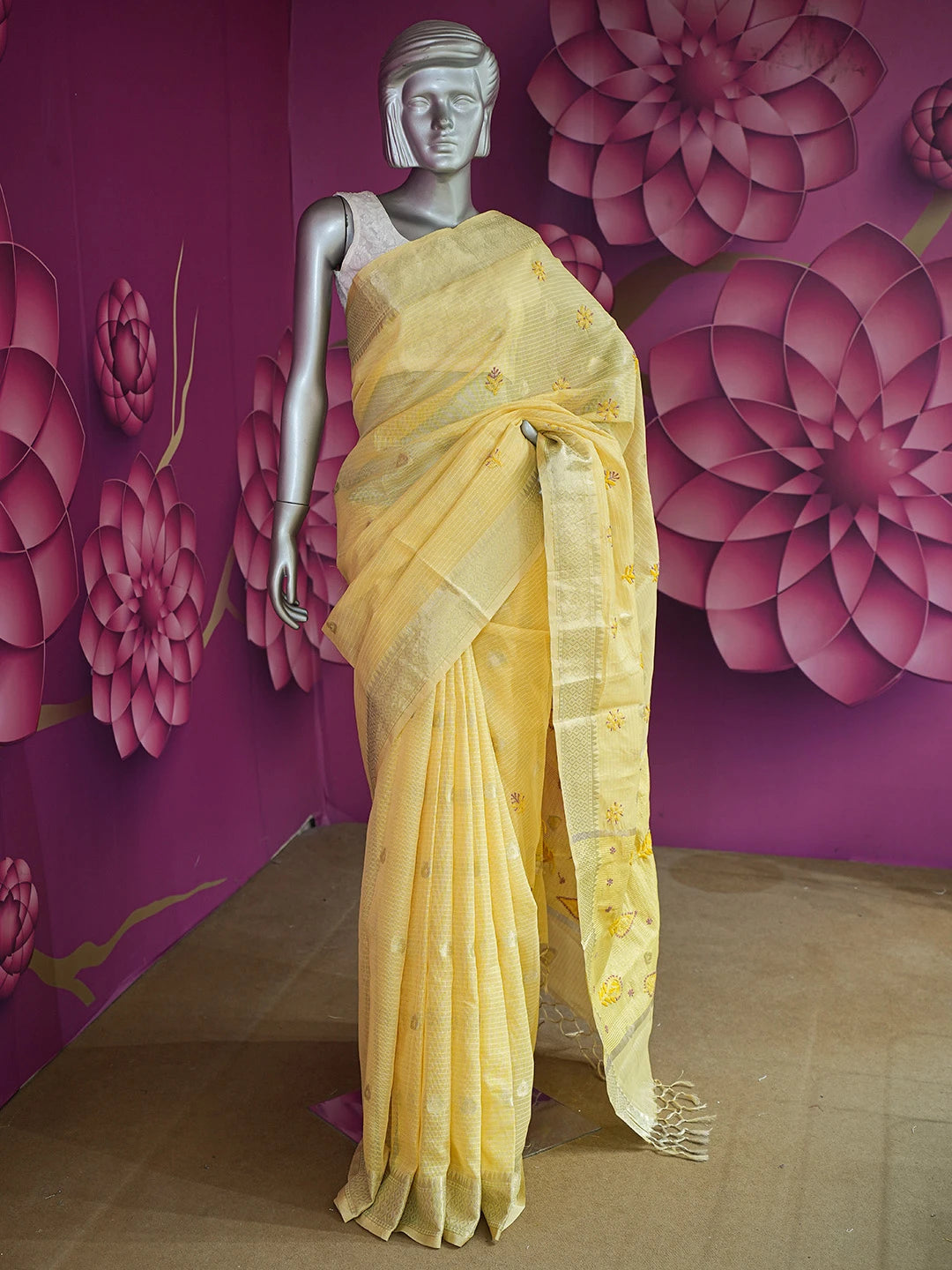 Ada Hand Embroidered Yellow Chanderi Lucknowi Chikankari Saree and Blouse With Zari Work 01A729042