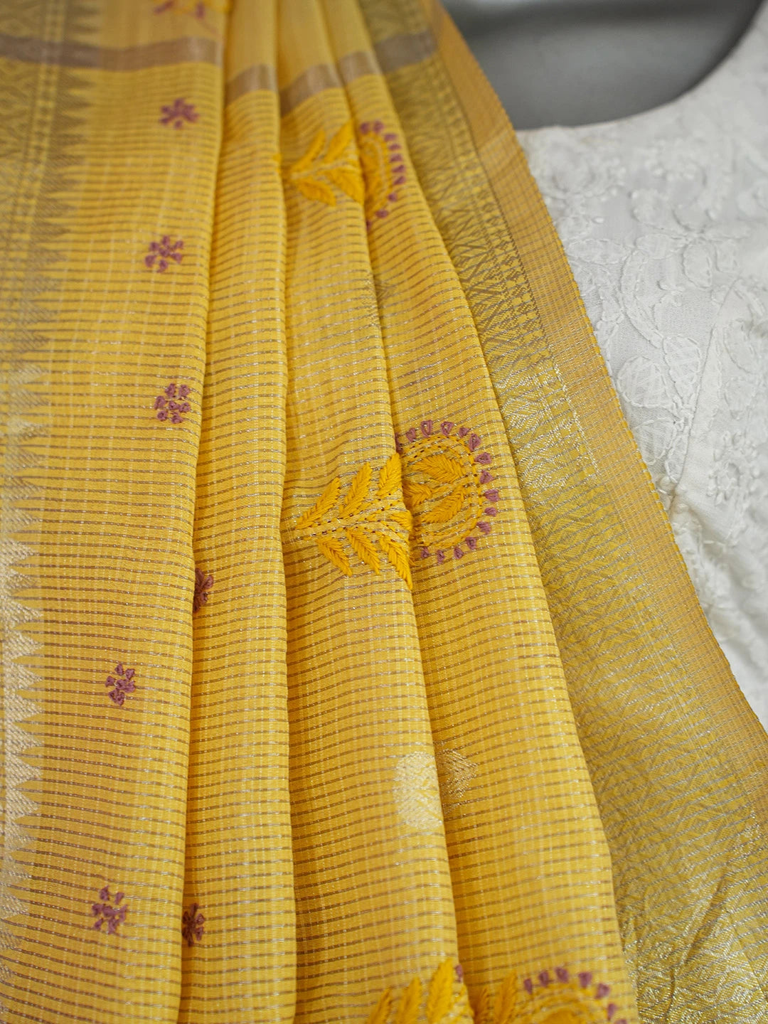 Ada Hand Embroidered Yellow Chanderi Lucknowi Chikankari Saree and Blouse With Zari Work 01A729042