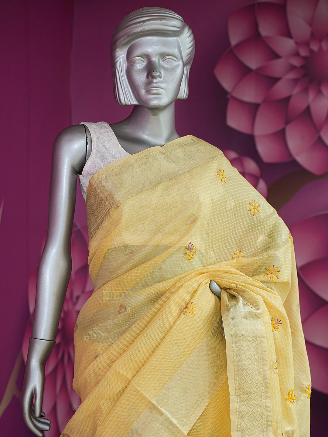 Ada Hand Embroidered Yellow Chanderi Lucknowi Chikankari Saree and Blouse With Zari Work 01A729042