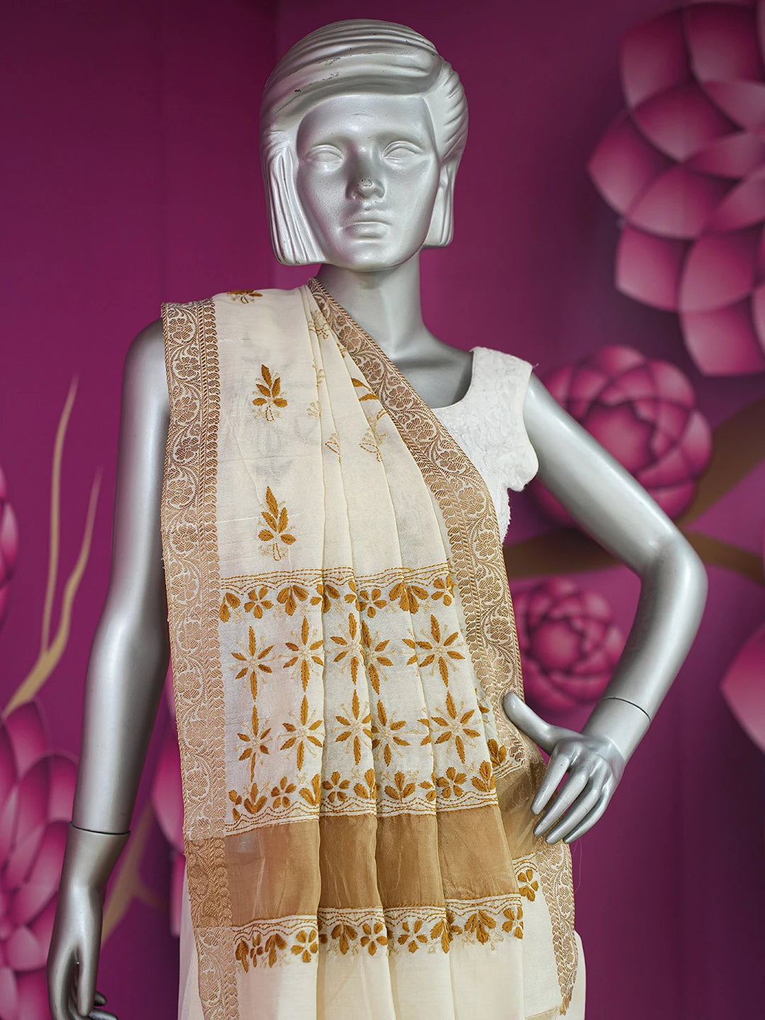 Ada Hand Embroidered Cream Chanderi Lucknowi Chikankari Saree and Blouse 01A729546