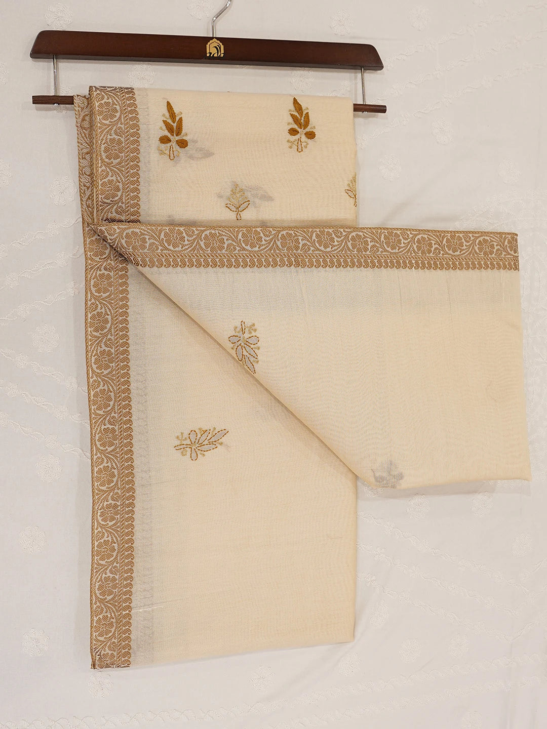 Ada Hand Embroidered Cream Chanderi Lucknowi Chikankari Saree and Blouse 01A729546