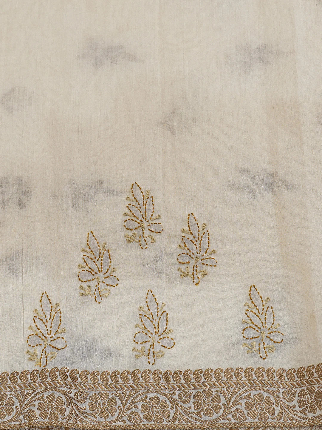 Ada Hand Embroidered Cream Chanderi Lucknowi Chikankari Saree and Blouse 01A729546
